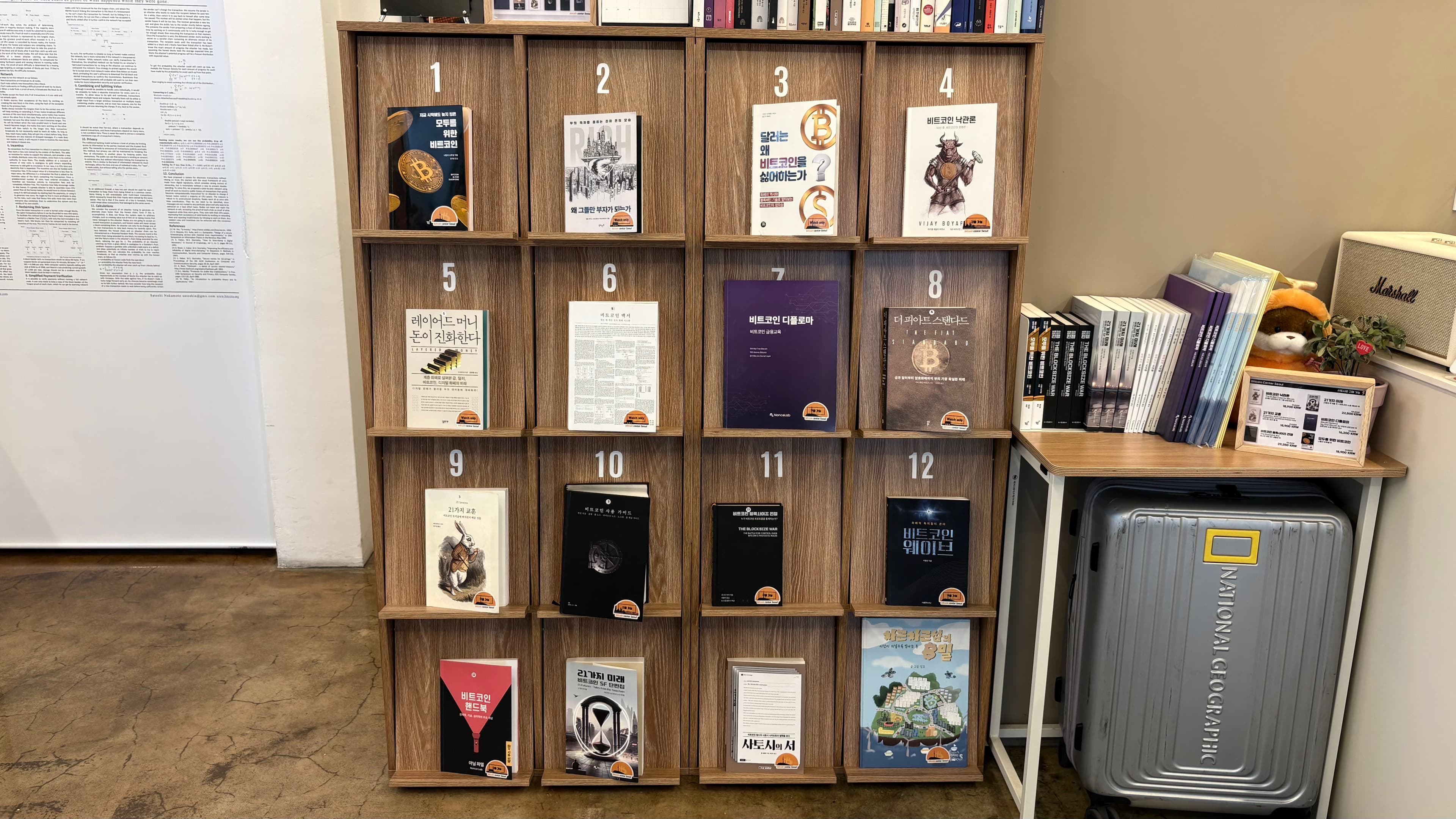 Numbered shelves of Bitcoin books beside a whitepaper poster