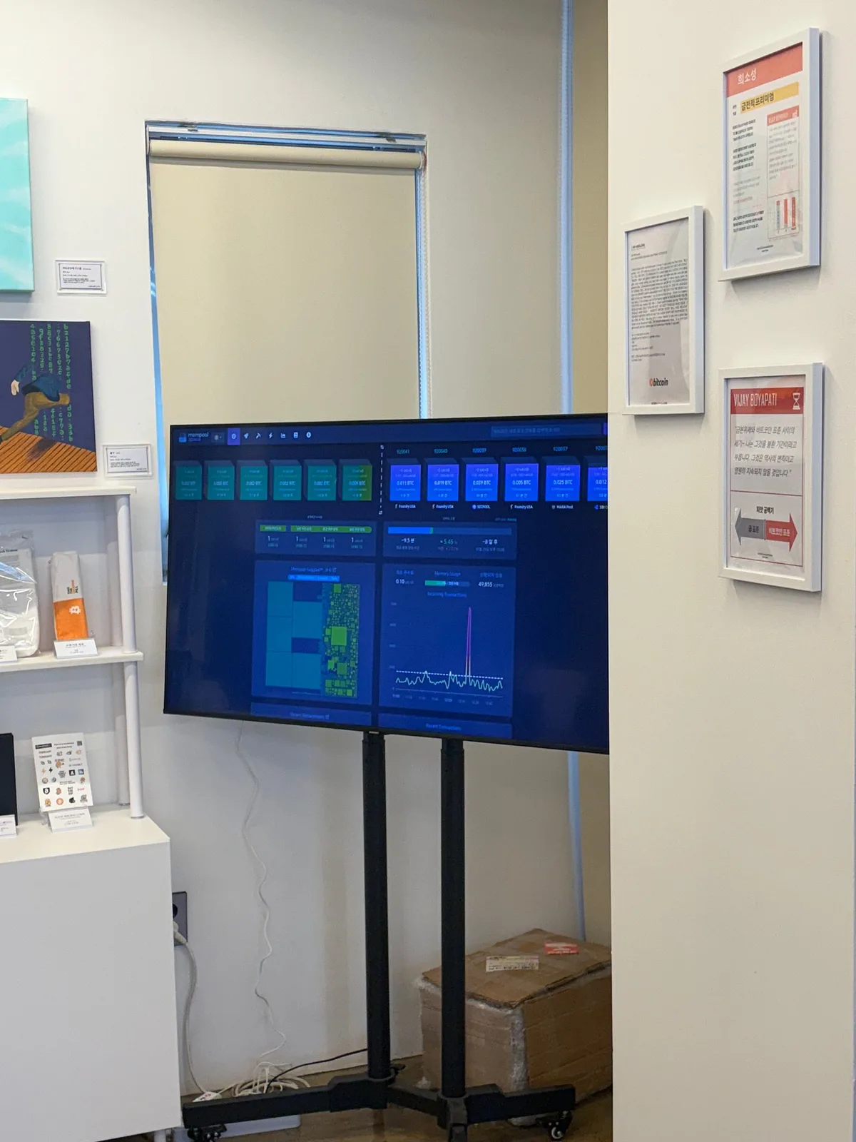 A Bitcoin network information display at the center